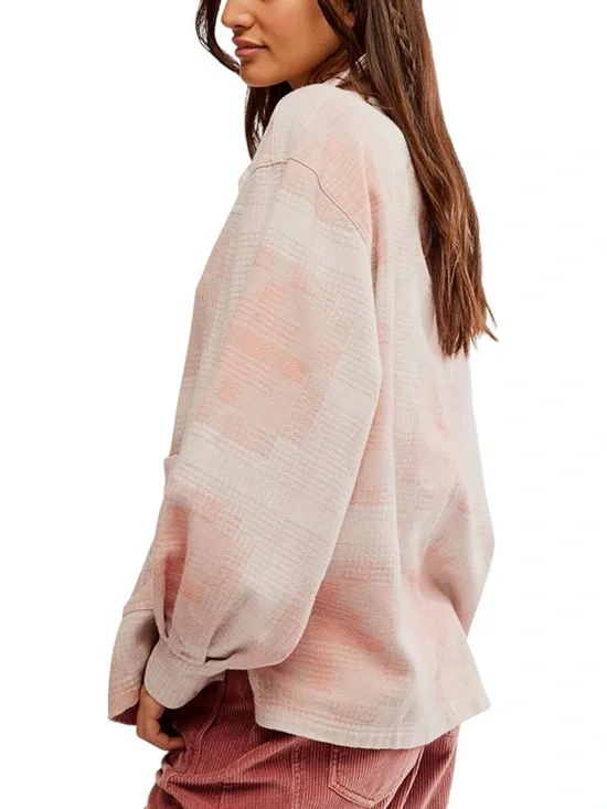 Free People Shirt Women L Beige Pink Plaid Button Up Long Sleeve - Picture 2 of 10